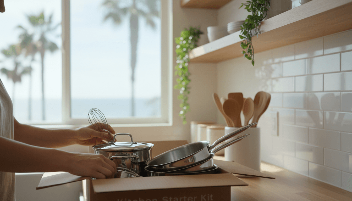 Hands unpacking kitchen starter kit box, revealing organized cookware and utensils on light wood countertop in bright apartment kitchen