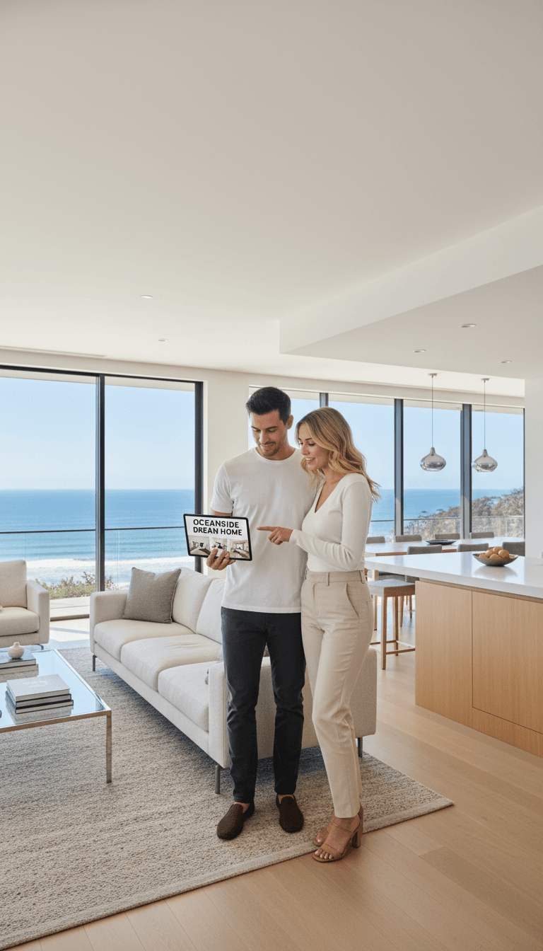 Young couple reviews property info on tablet in modern, sunlit home interior.