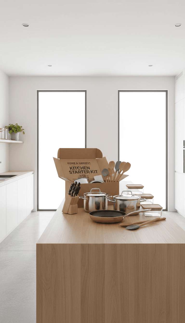 Kitchen countertop with unpacked cookware in bright, modern apartment kitchen.