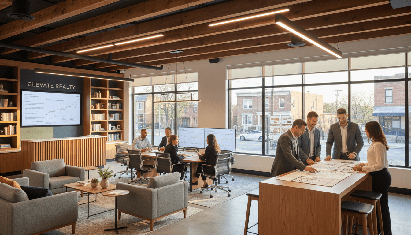 Realtor having a friendly consultation with prospective homebuyers in a professional office setting