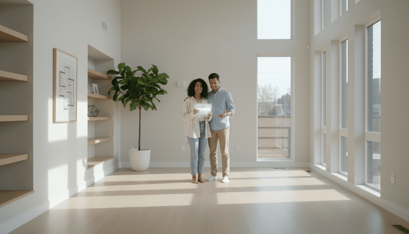 Real estate agent showing a modern home to a couple
