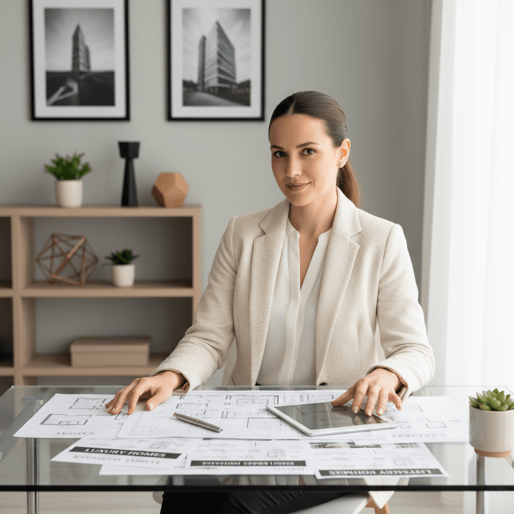 Alyssa Demere reviewing real estate documents at her Oceanside office