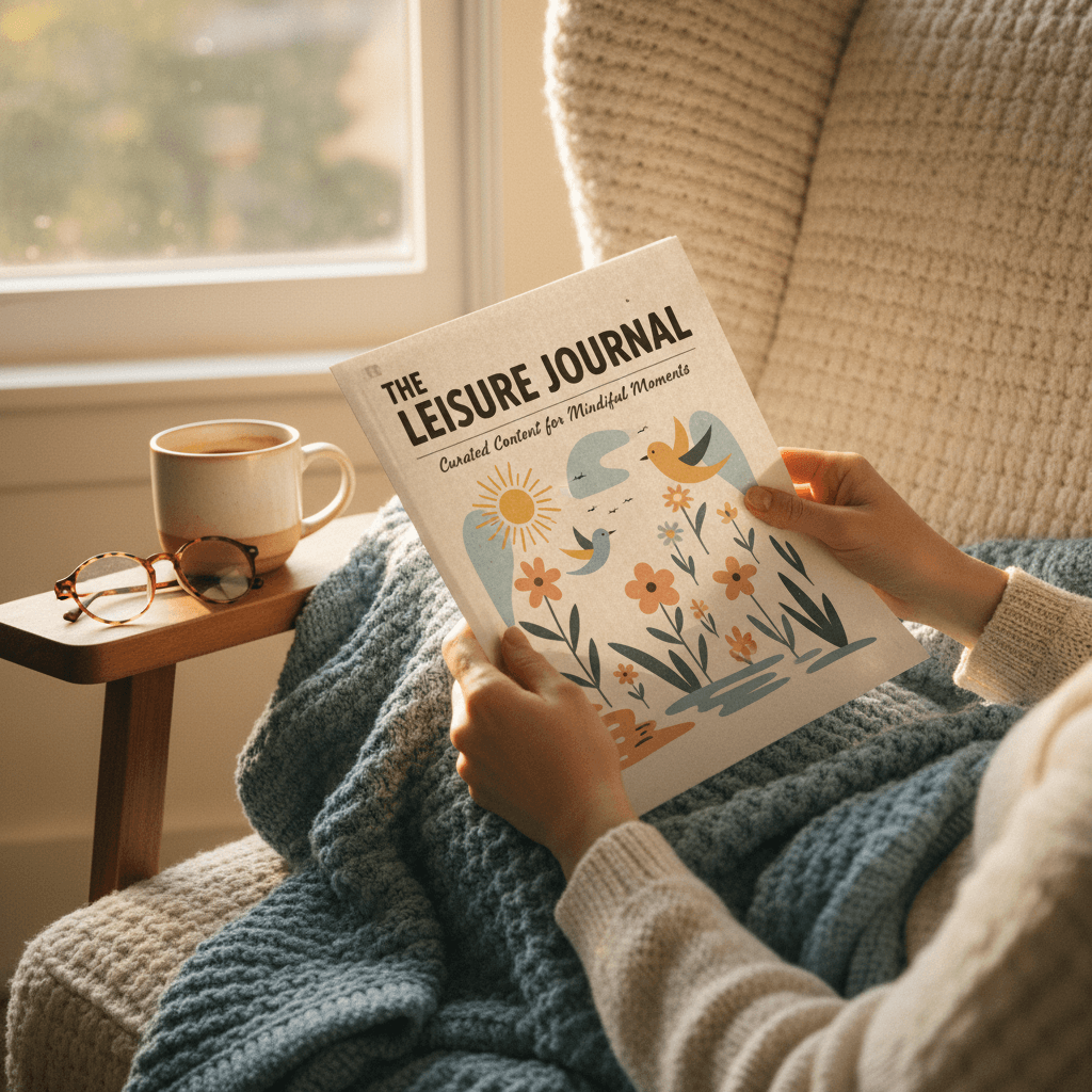 Hands holding open newsletter with colorful illustrations while sitting in cozy armchair with coffee and blanket